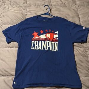 Champion Navy Tee with Red and White Graphic